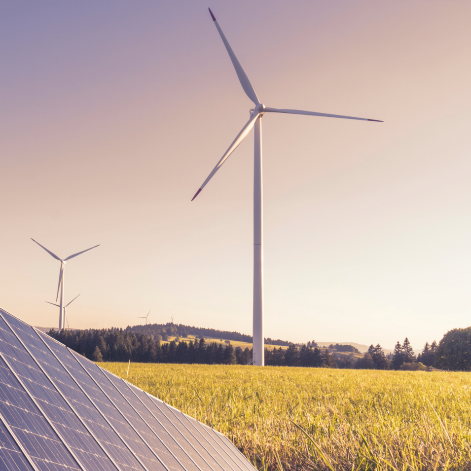 Wind turbine and solar panel in the countryside
